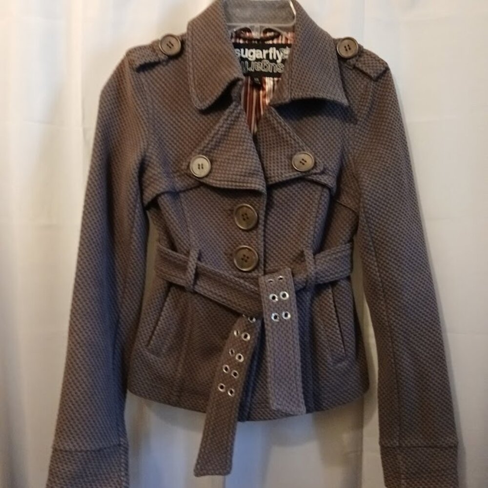 SUGAR FLY Peacoat womens XS Brown softshell woven Seersucker look Sexy Coat!